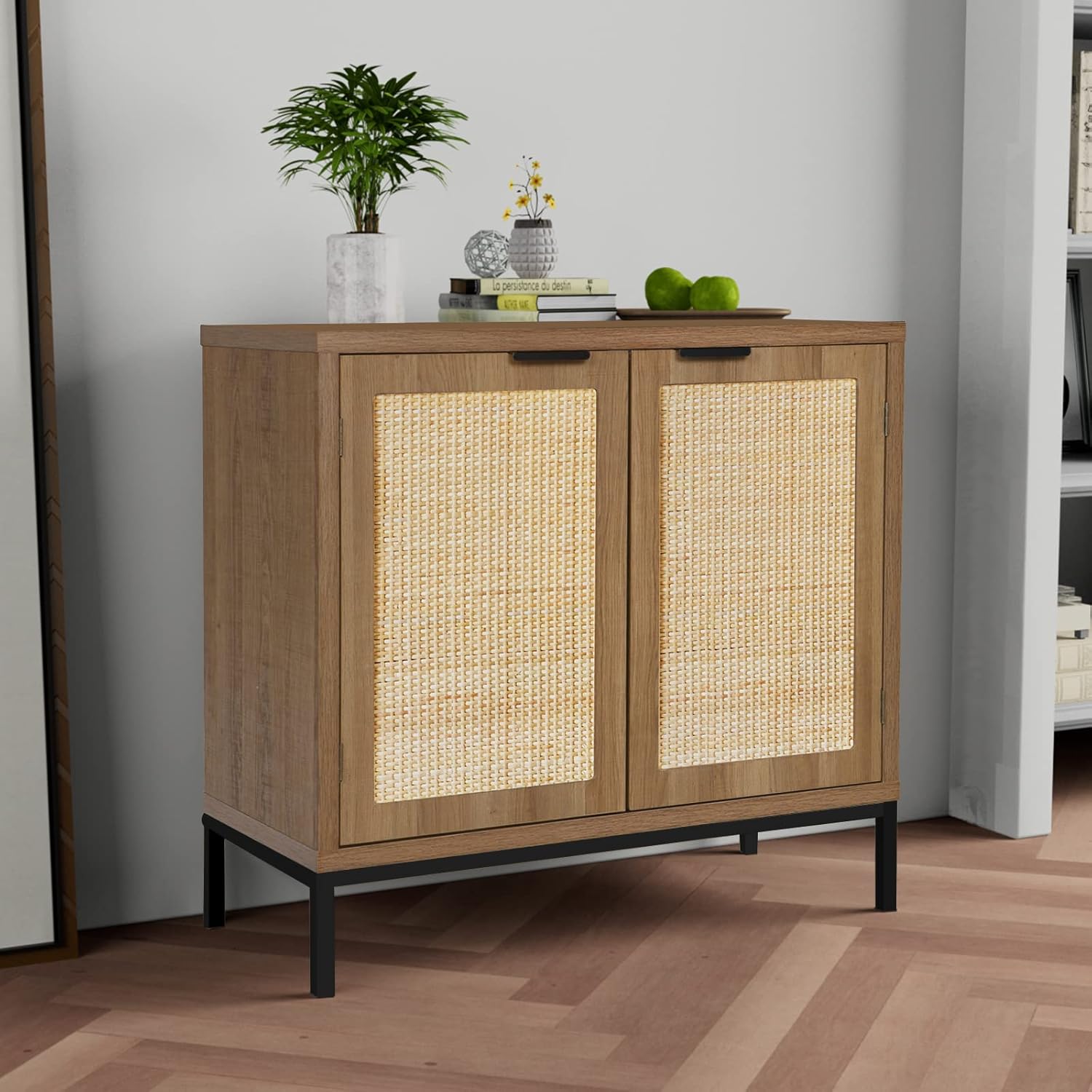 Anmytek Rustic Oak Rattan Storage Cabinet