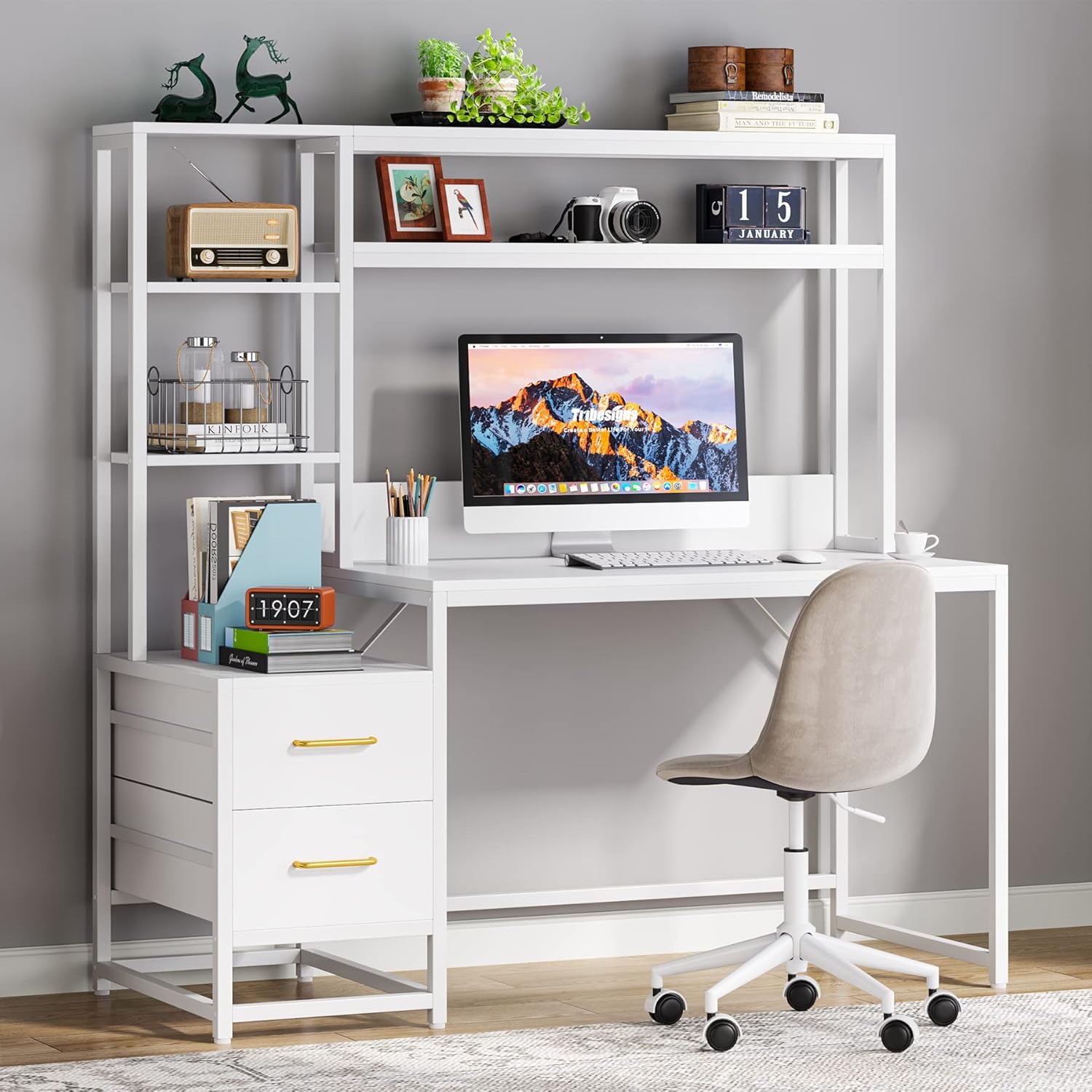 Tribesigns 55 Inch Computer Desk with 2 Drawers and Storage Shelves