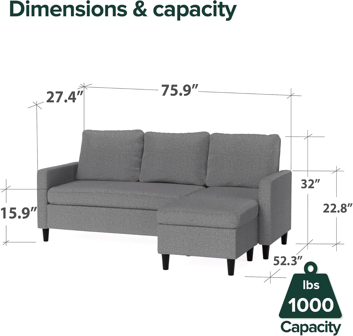 ZINUS Hudson Convertible Sectional Sofa,