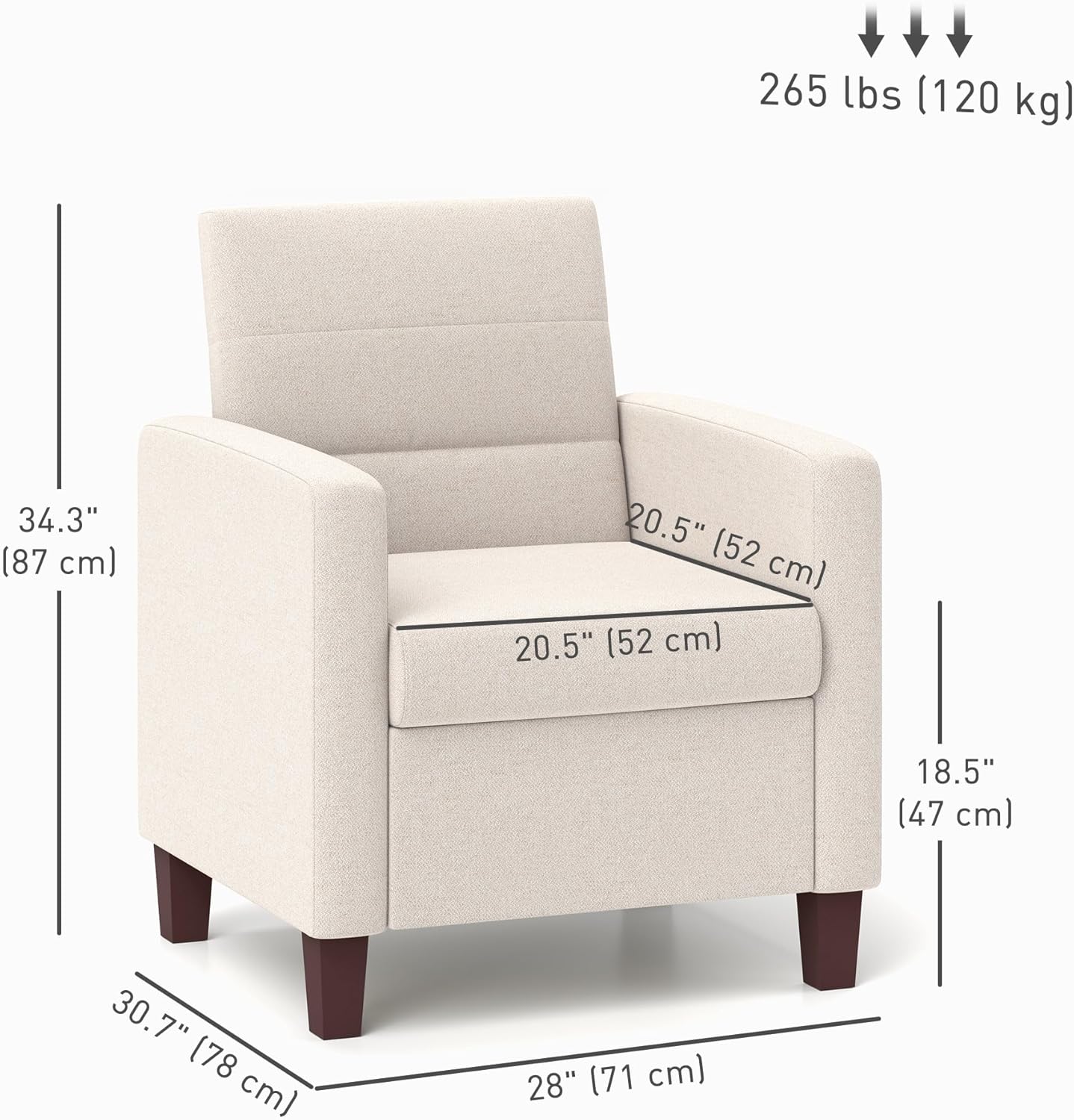 HOMCOM Modern Armchair, Fabric Accent Chair with Seat Cushion and Non-Slip Pads for Living Room