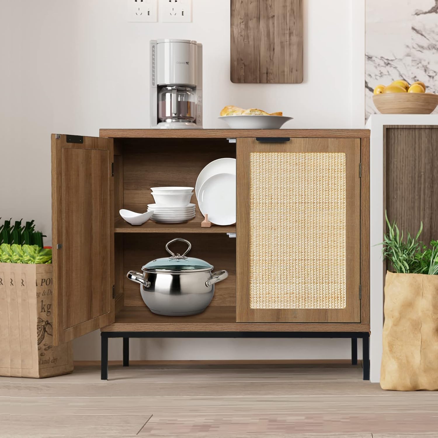 Anmytek Rustic Oak Rattan Storage Cabinet