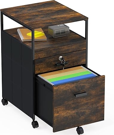 SHW Rolling and Vertical File Cabinet and Lockable Filing Drawer with Open Shelf