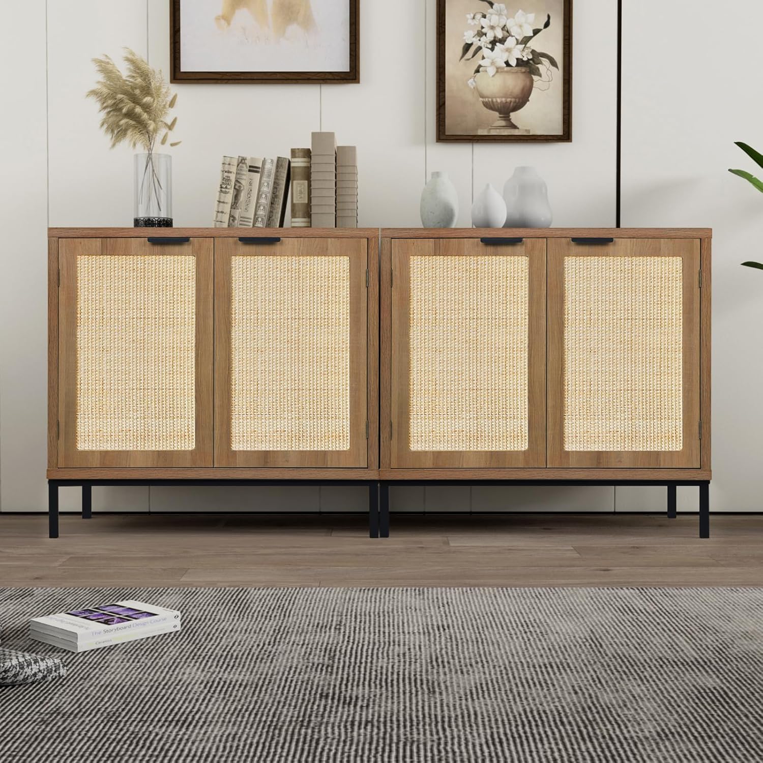 Anmytek Rustic Oak Rattan Storage Cabinet