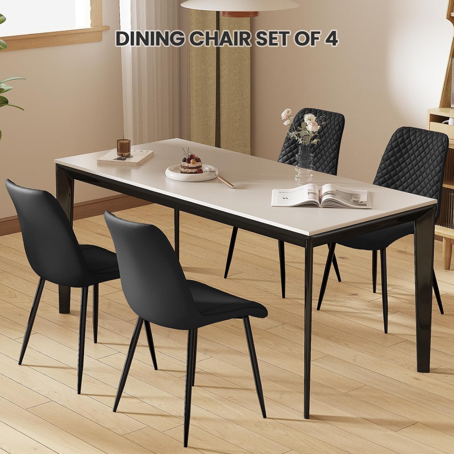 MECHYIN Dining Chairs Set of 4, Black Dining Room Chairs of Upholstery Leather,