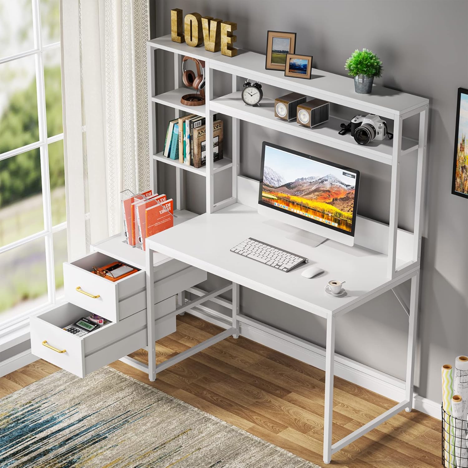 Tribesigns 55 Inch Computer Desk with 2 Drawers and Storage Shelves