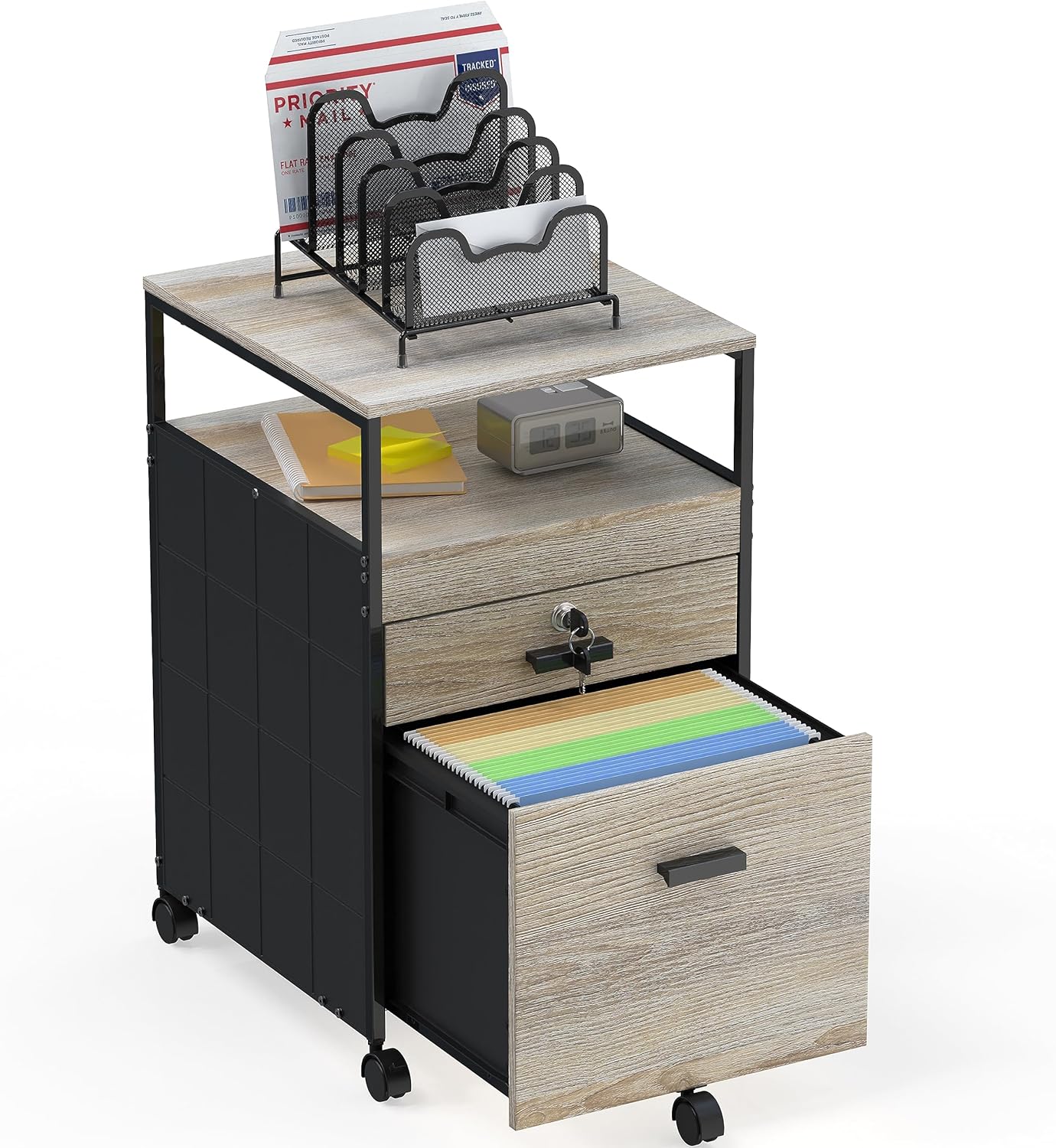 SHW Rolling and Vertical File Cabinet and Lockable Filing Drawer with Open Shelf