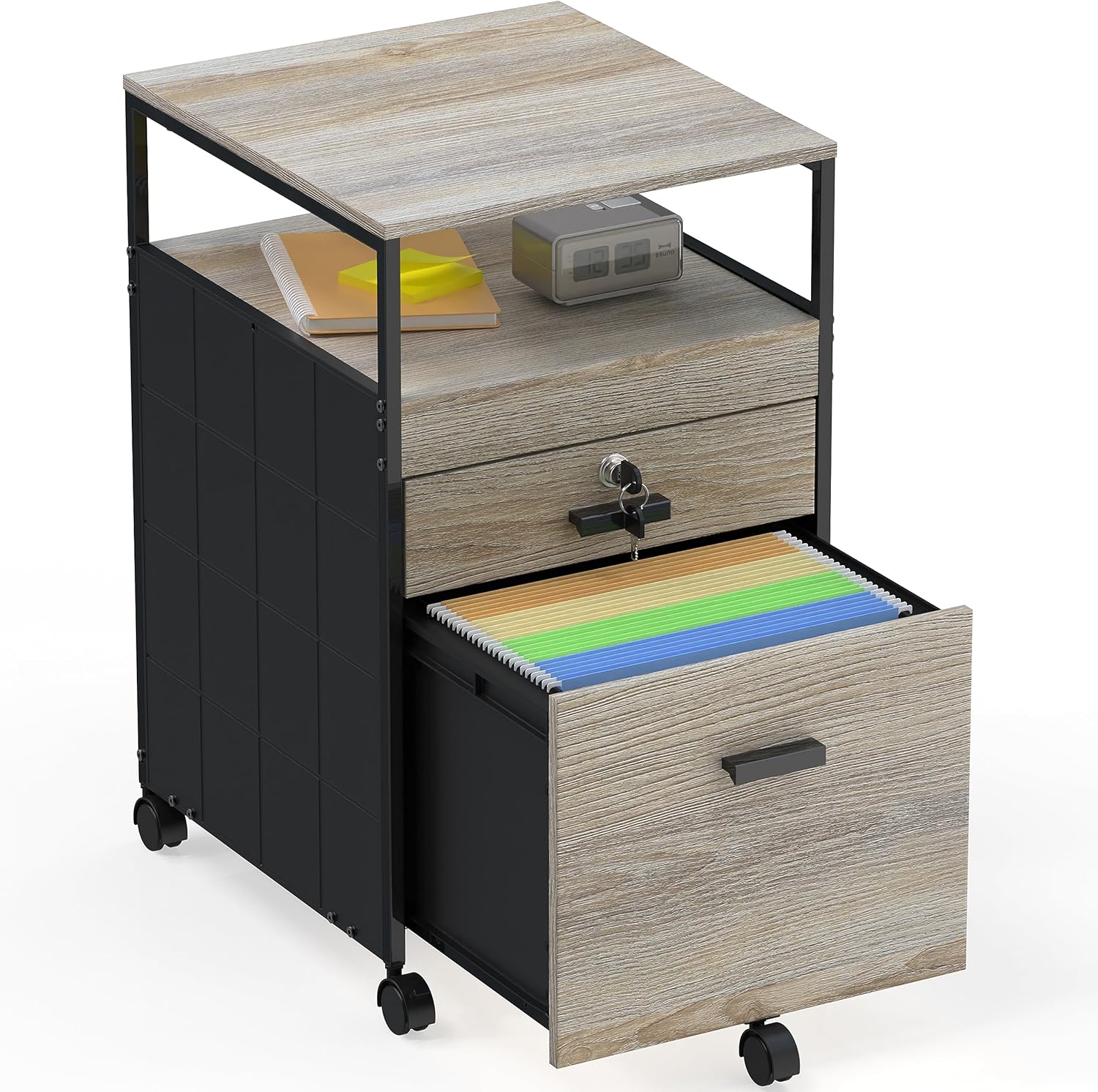 SHW Rolling and Vertical File Cabinet and Lockable Filing Drawer with Open Shelf